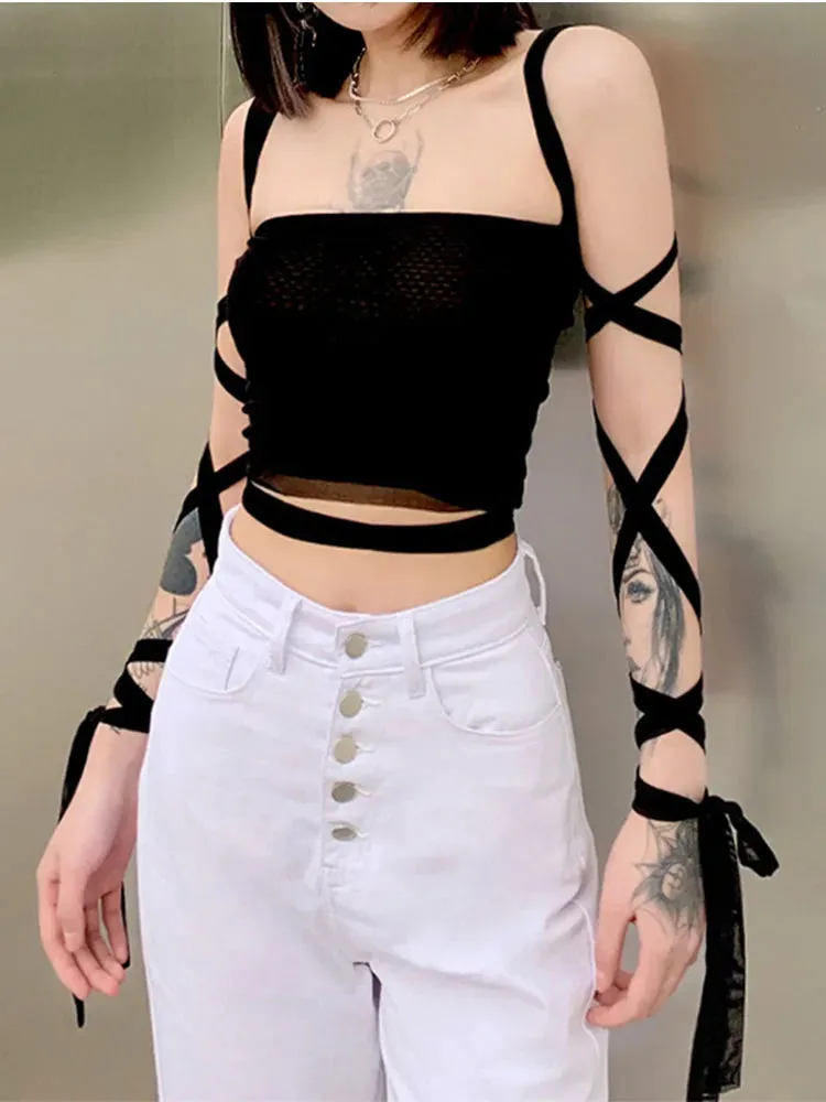 Mesh Mall Up Fairy Bandage Grunge Lace Crop Sexy Goth Y2k Cyber Top