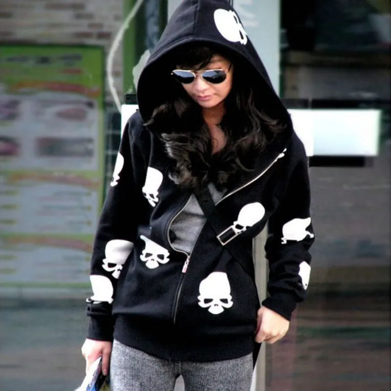 Metal Skull Zipper Hoodie Women's Coat