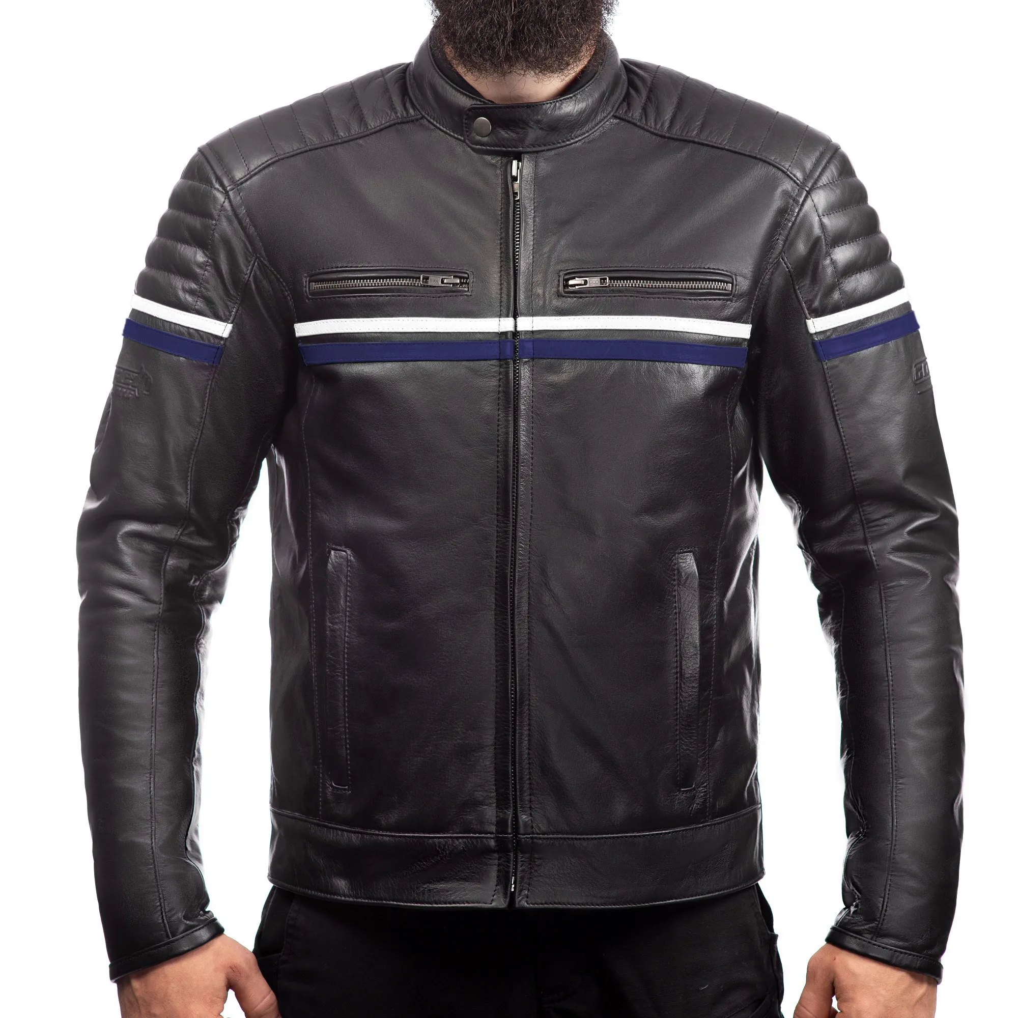 METROPOLIS BIKER LEATHER JACKET WITH A BLUE STRIPE