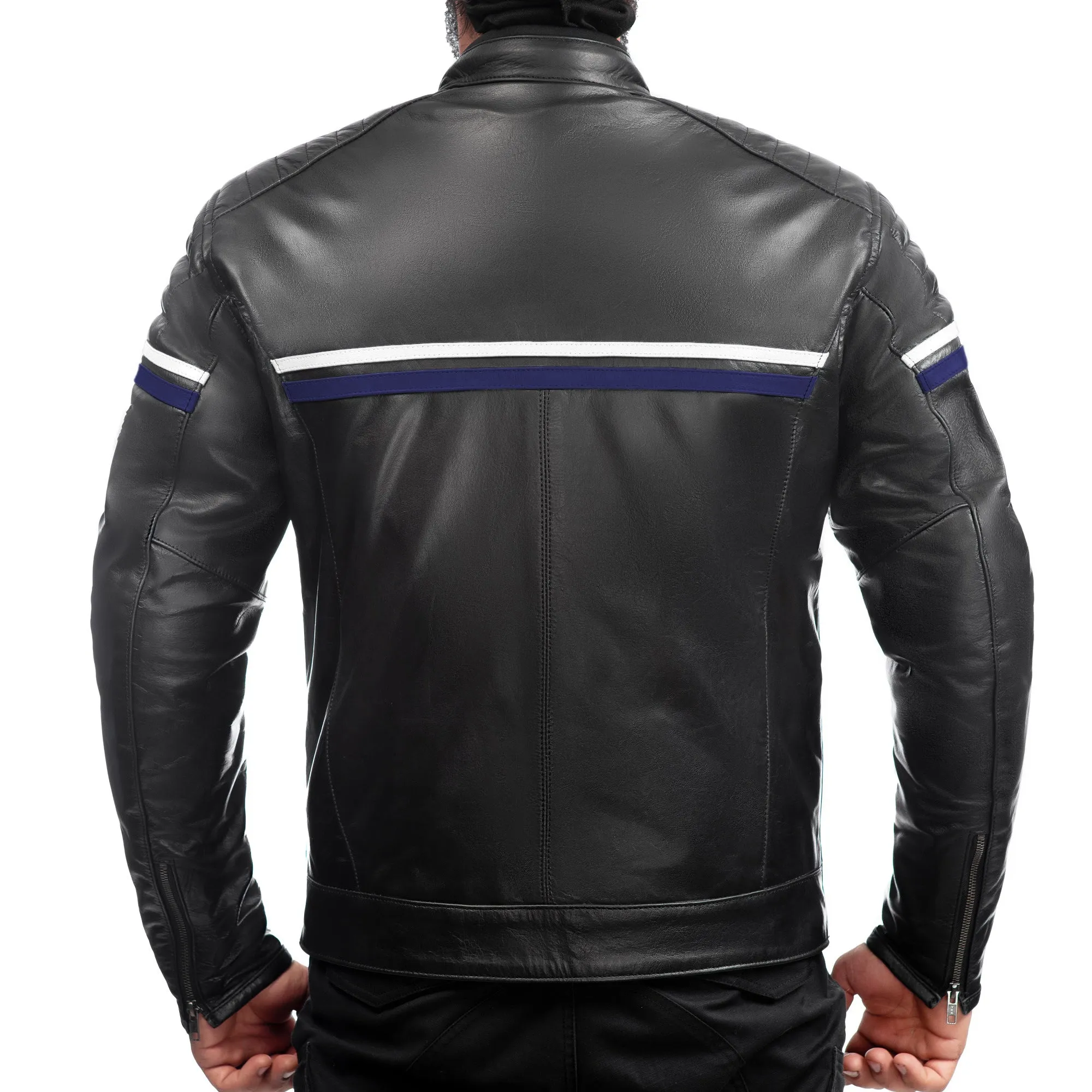 METROPOLIS BIKER LEATHER JACKET WITH A BLUE STRIPE