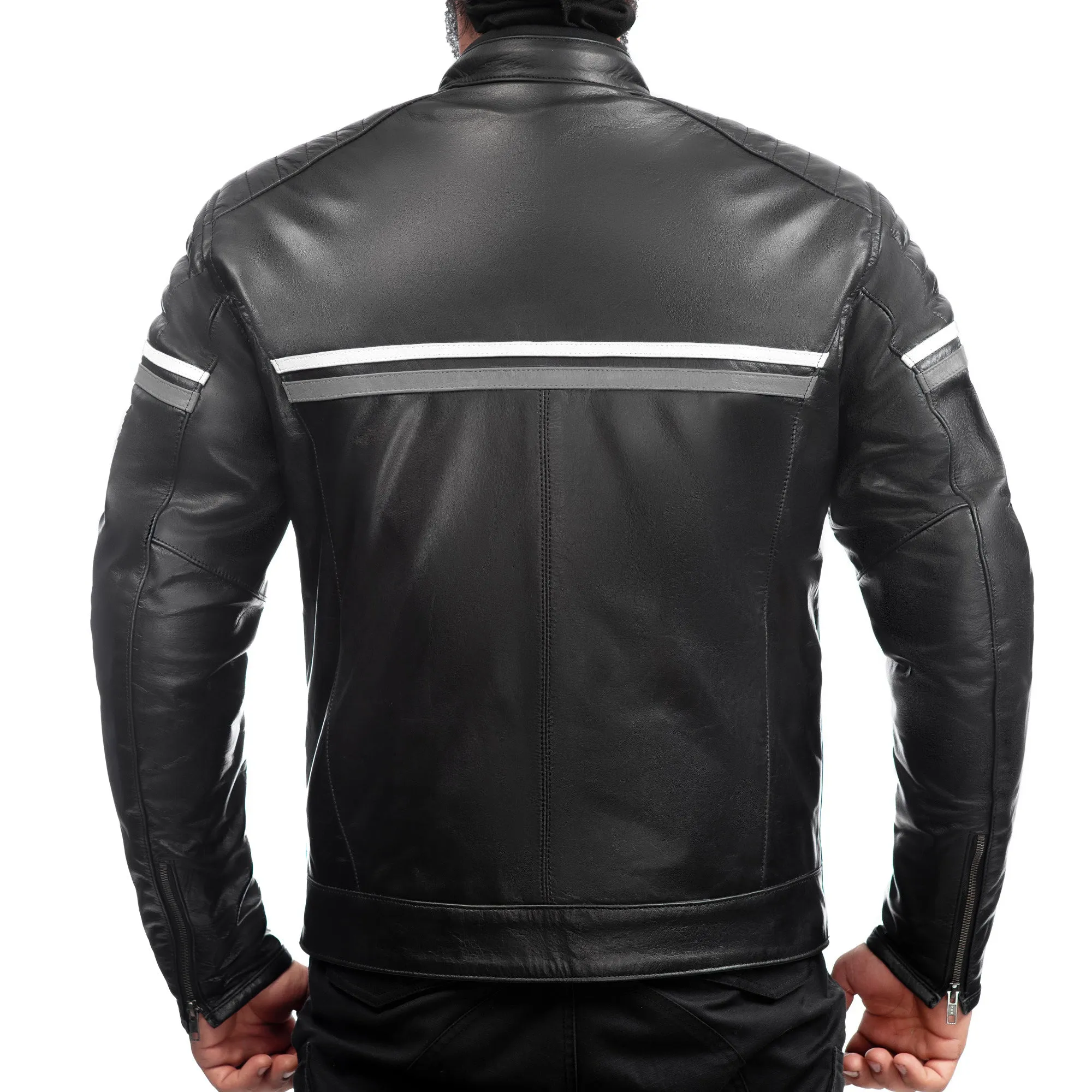 METROPOLIS BIKER LEATHER JACKET WITH A GREY STRIPE