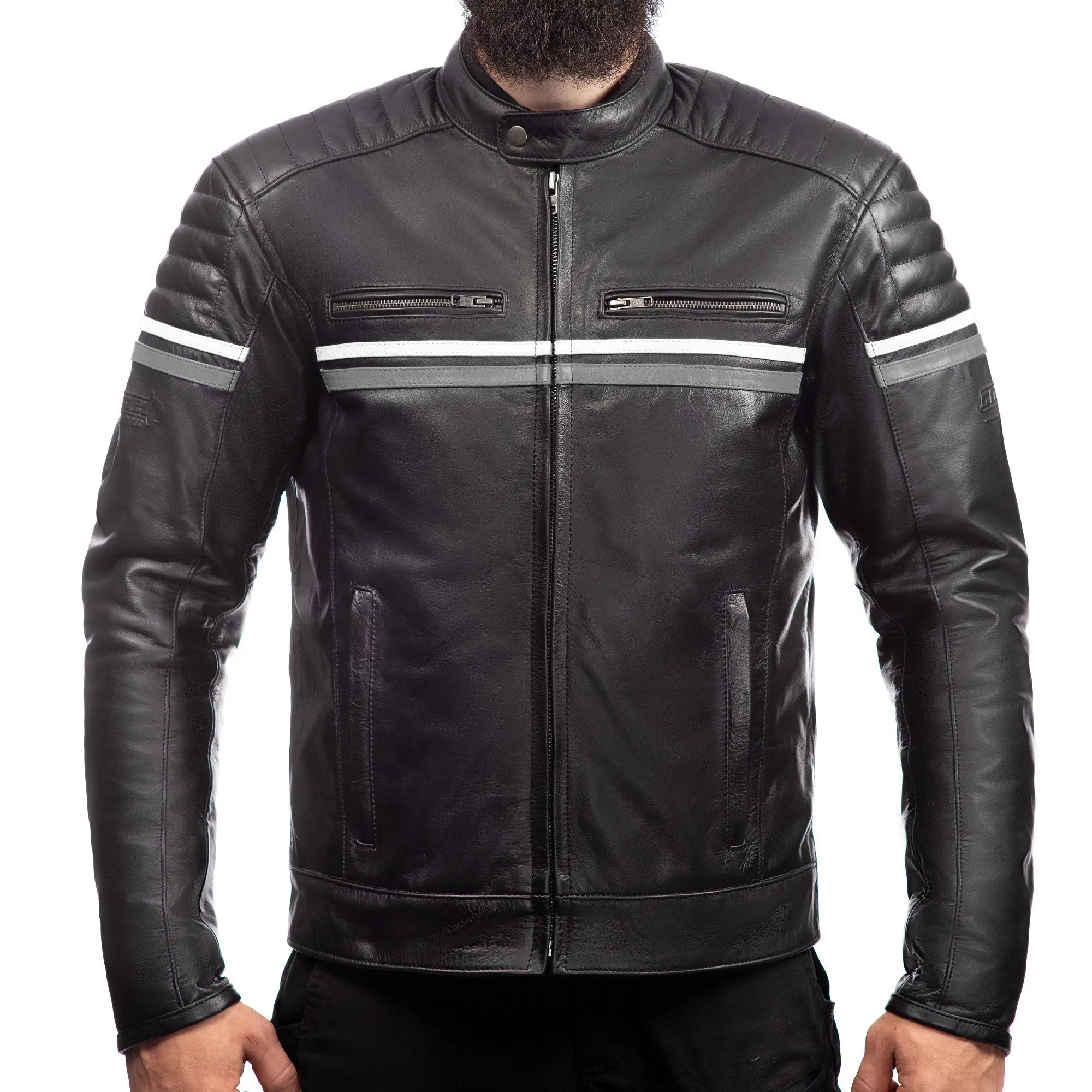 METROPOLIS BIKER LEATHER JACKET WITH A GREY STRIPE