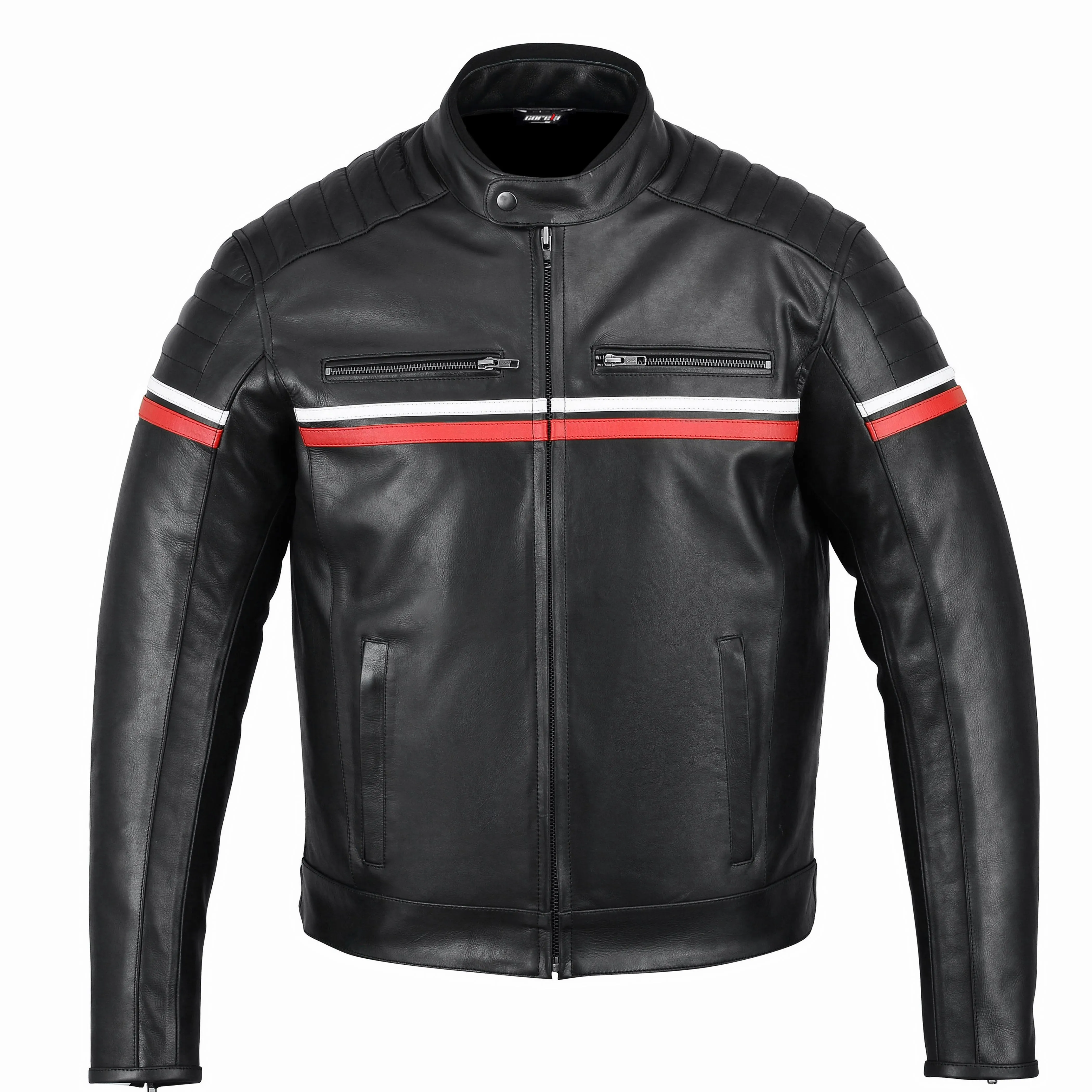 METROPOLIS BIKER LEATHER JACKET WITH A RED STRIPE