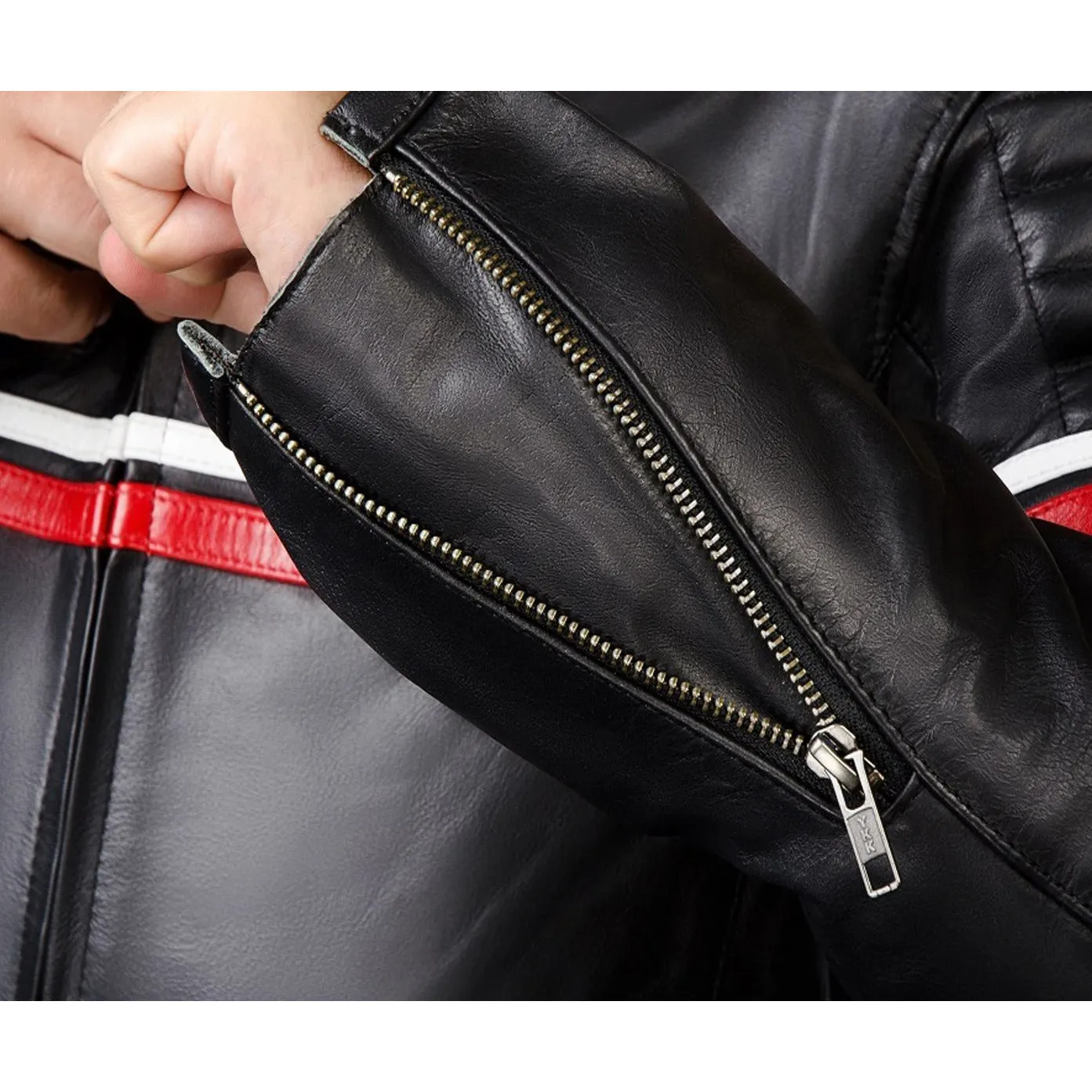 METROPOLIS BIKER LEATHER JACKET WITH A RED STRIPE