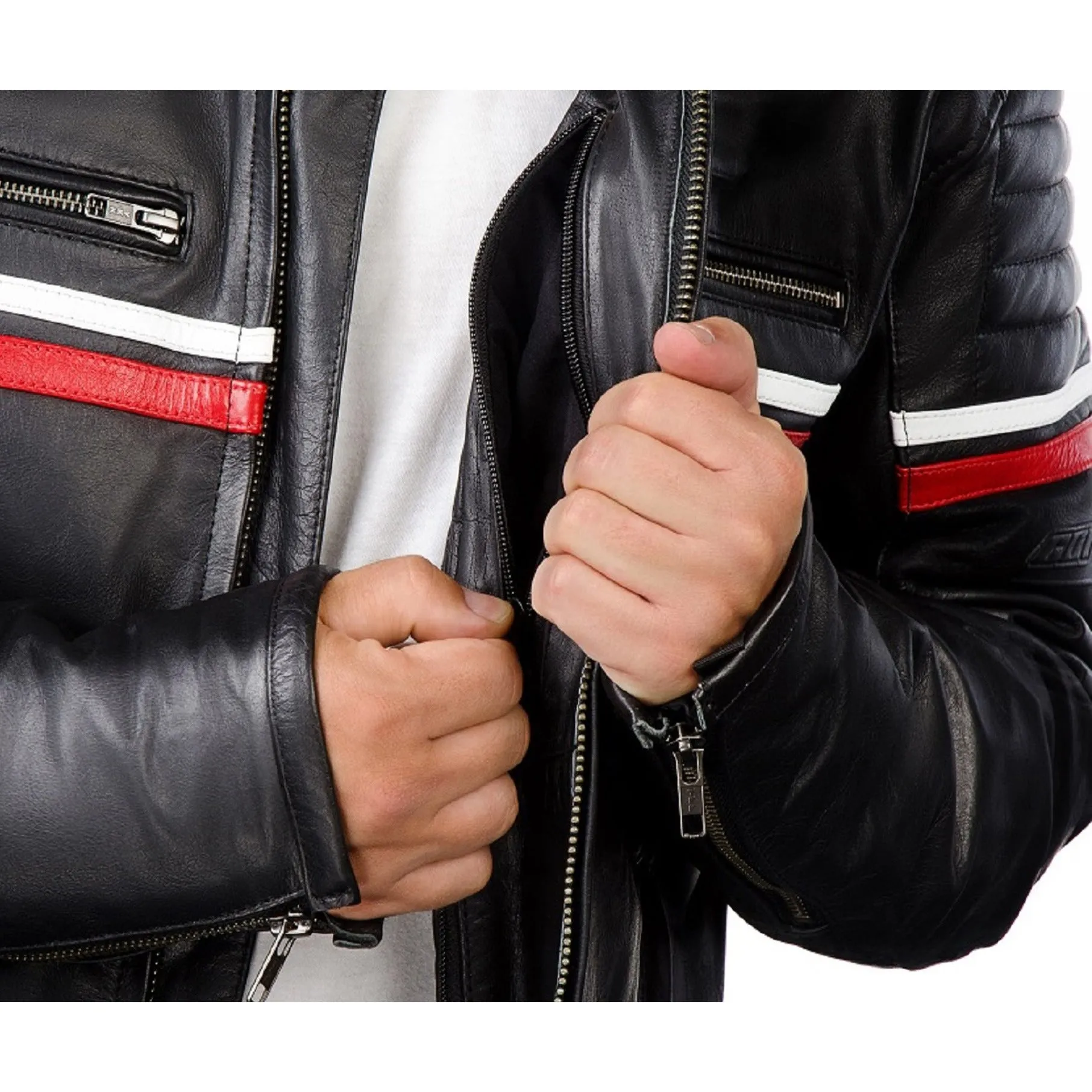 METROPOLIS BIKER LEATHER JACKET WITH A RED STRIPE