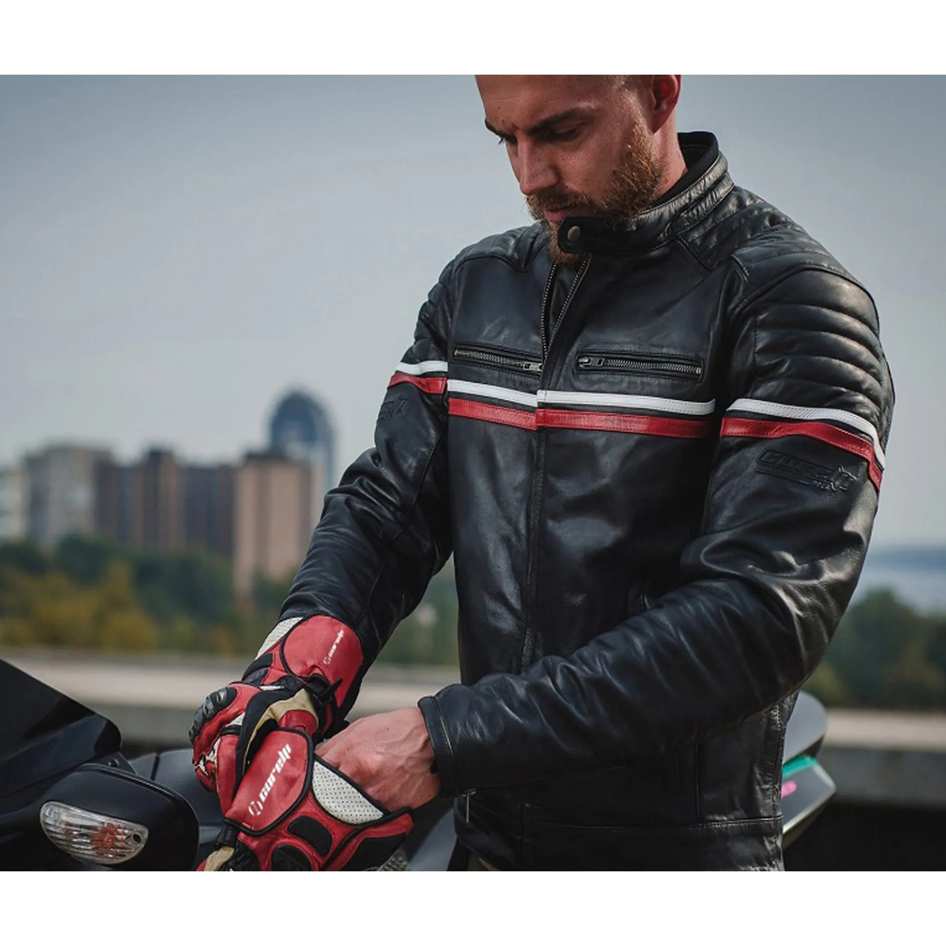 METROPOLIS BIKER LEATHER JACKET WITH A RED STRIPE