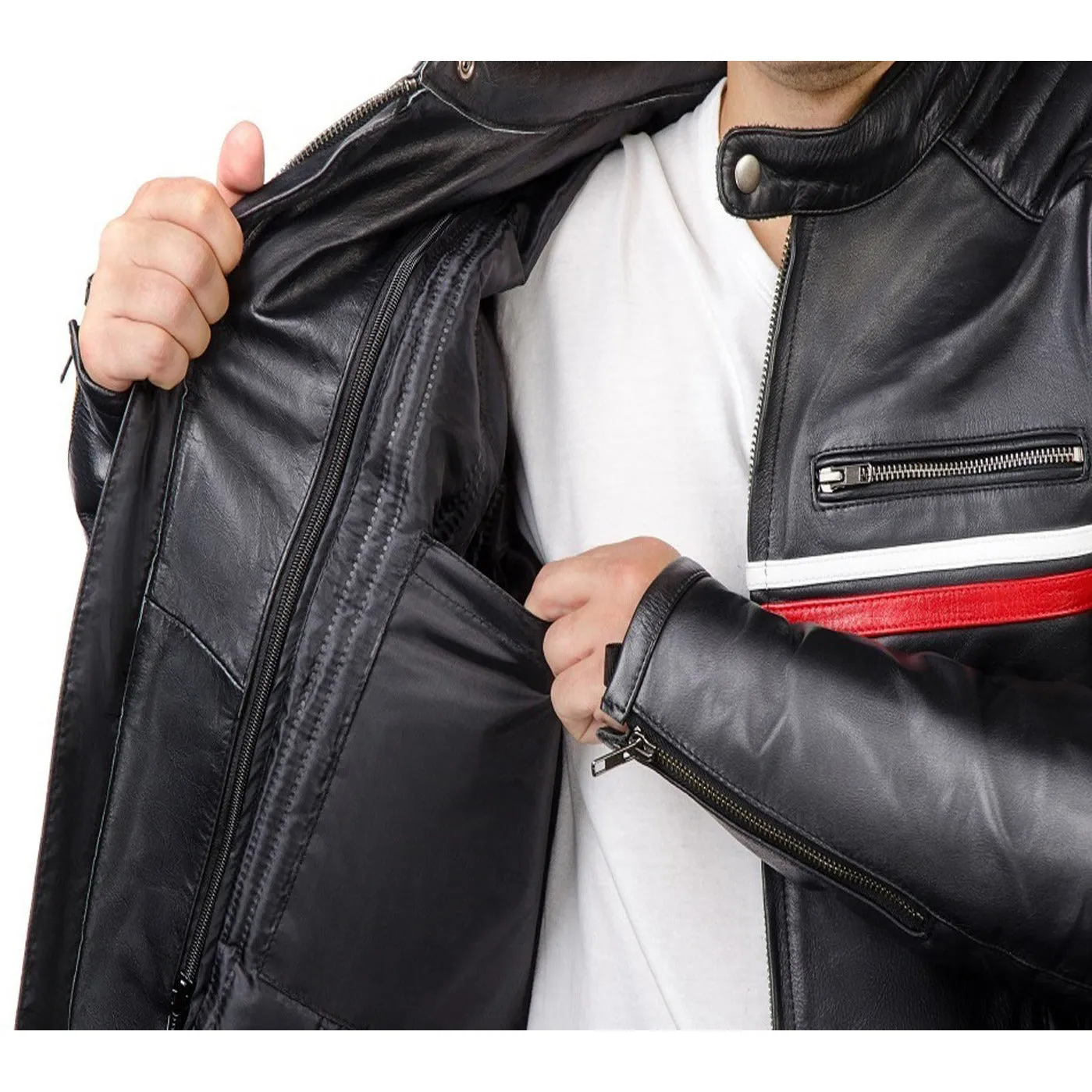 METROPOLIS BIKER LEATHER JACKET WITH A RED STRIPE