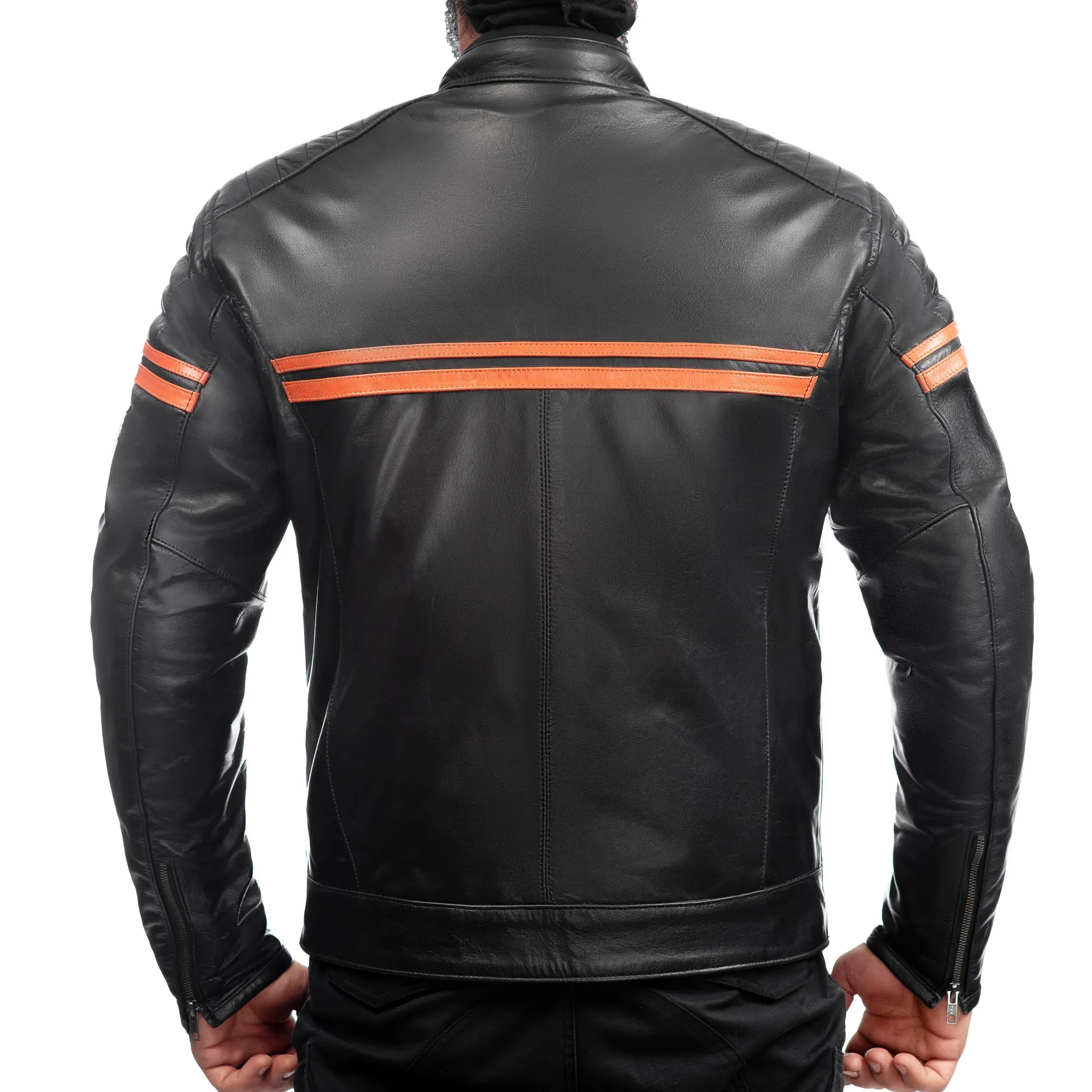 METROPOLIS BIKER LEATHER JACKET WITH ORANGE STRIPES