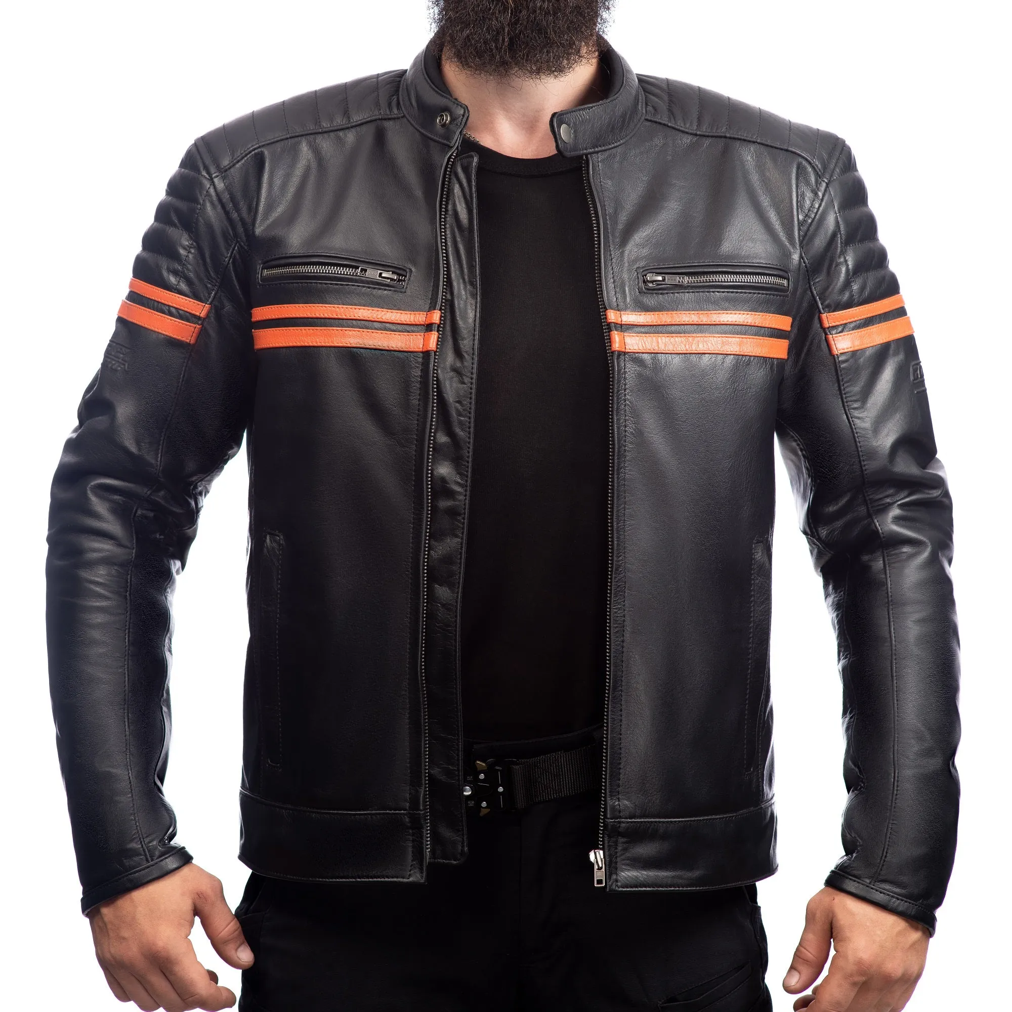 METROPOLIS BIKER LEATHER JACKET WITH ORANGE STRIPES