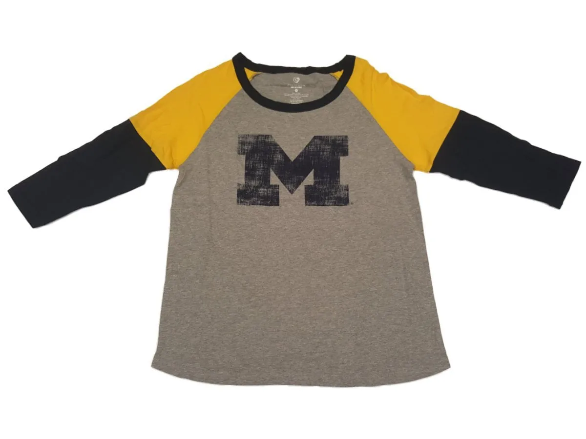 Michigan Wolverines Colosseum WOMENS Gray 3/4 Sleeve Crew Neck T-Shirt (M)