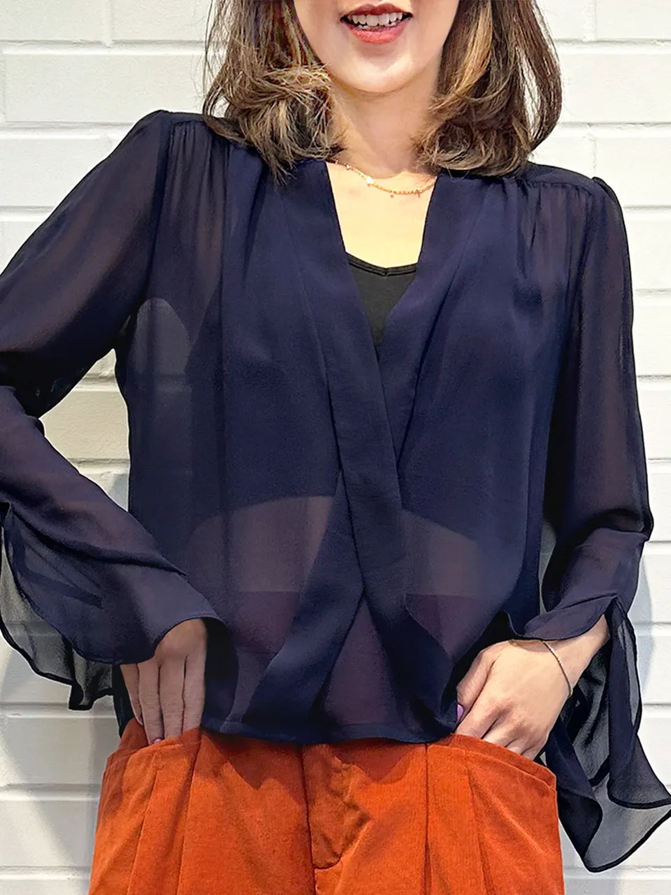 Midnight Ribbon Detail V-neck Frilly Cuffs Silky Blouse