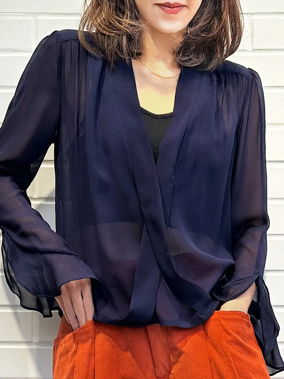 Midnight Ribbon Detail V-neck Frilly Cuffs Silky Blouse