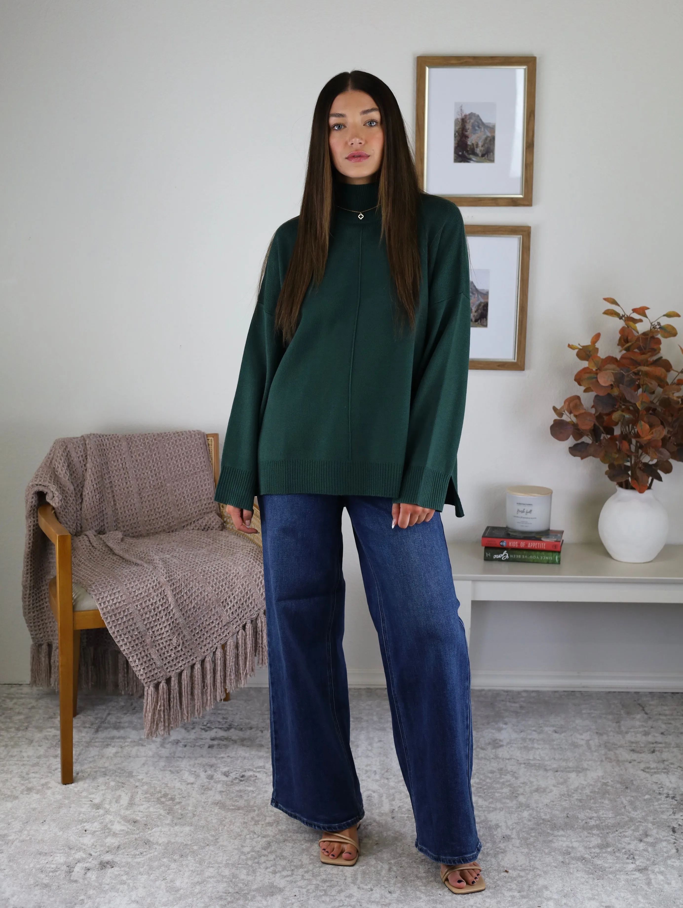 Molly Front Seam Mock Neck Sweater -Green