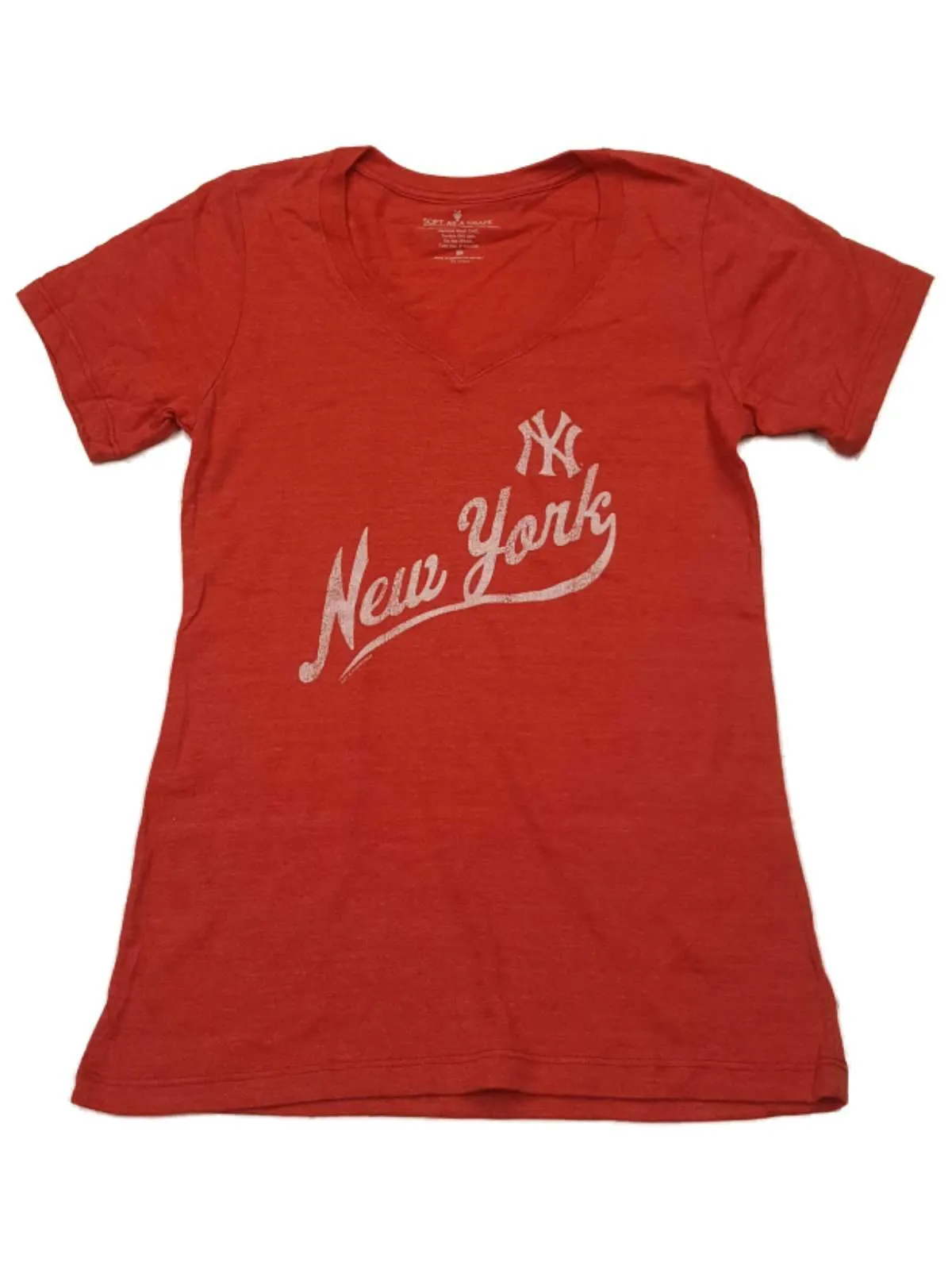 New York Yankees SAAG WOMENS Red Faded Logo Ultra Soft V-Neck T-Shirt