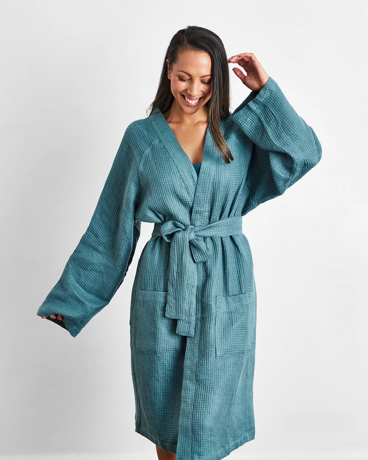 Petrol 100% French Flax Linen Waffle Robe