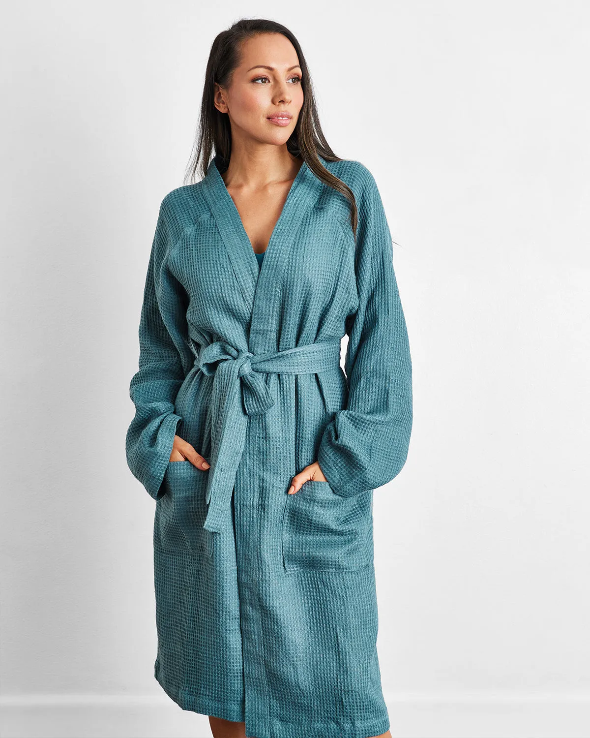 Petrol 100% French Flax Linen Waffle Robe