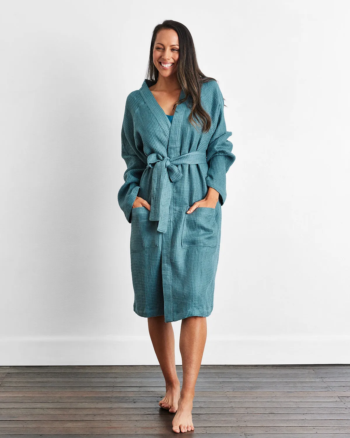 Petrol 100% French Flax Linen Waffle Robe