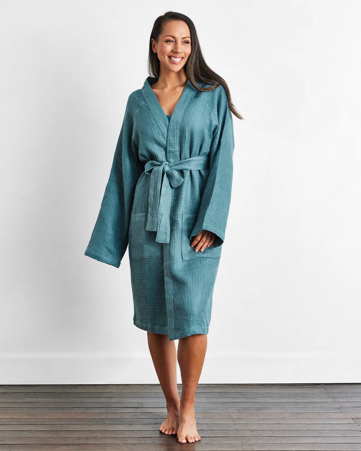 Petrol 100% French Flax Linen Waffle Robe