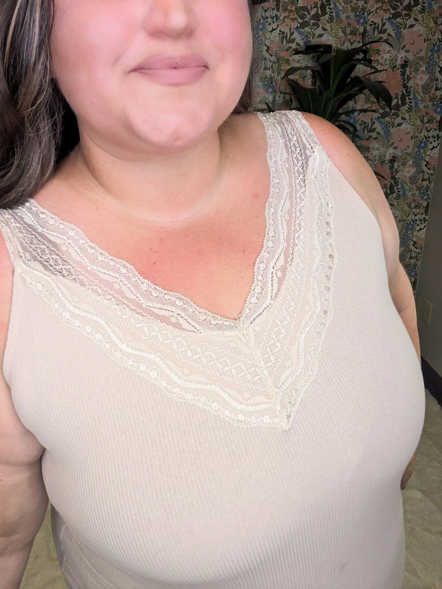 Phoenix Lace Trimmed Ribbed Tank in Beige