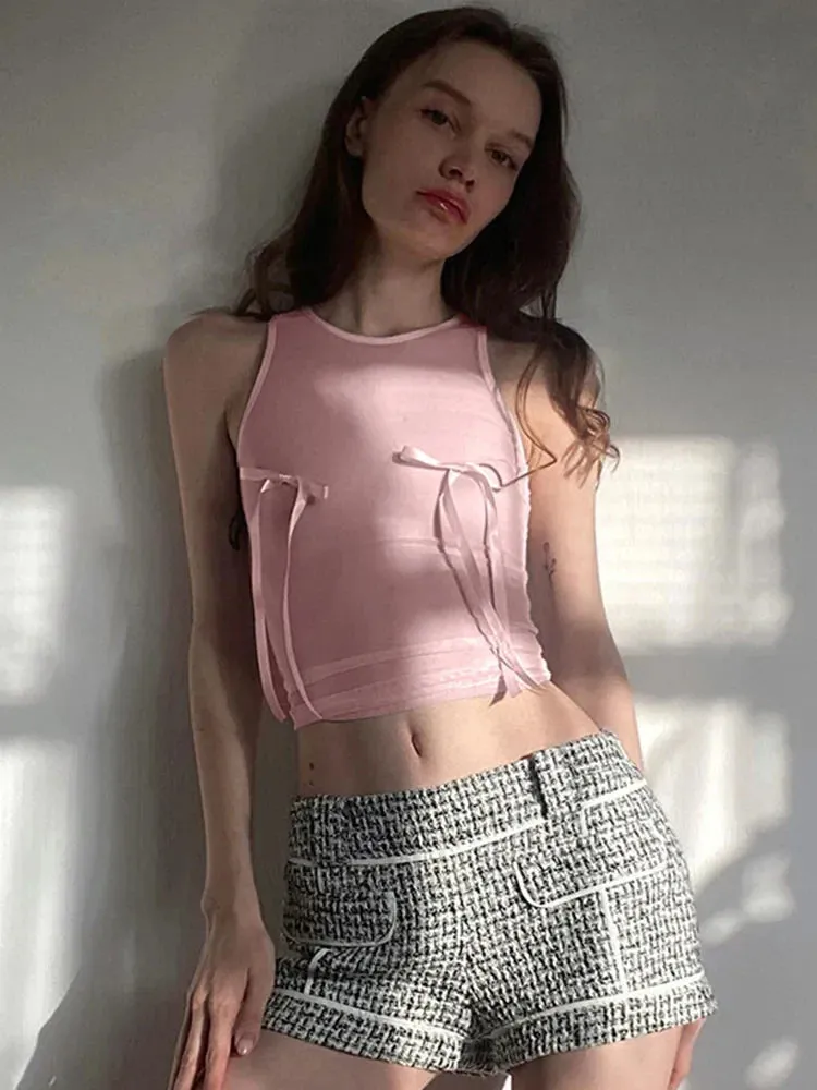 Pink Bow Crop Sleeveless Vest Streetwear Y2k Fairy Grunge Summer Solid Color Tube Baby Women's Tank Top