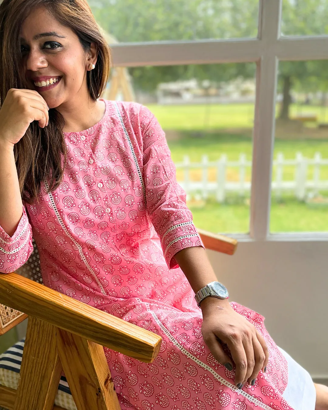 Pink Lace Kurta & White Slip Dress – Set of 2