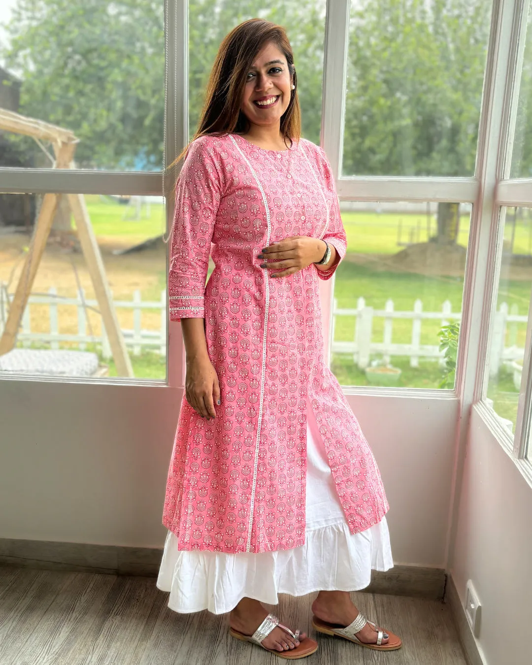 Pink Lace Kurta & White Slip Dress – Set of 2