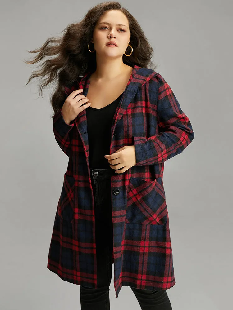 Plaid Button Through Pocket Hooded Coat