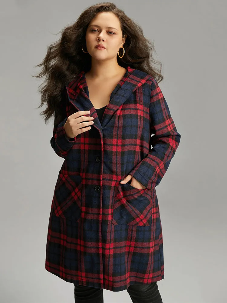 Plaid Button Through Pocket Hooded Coat