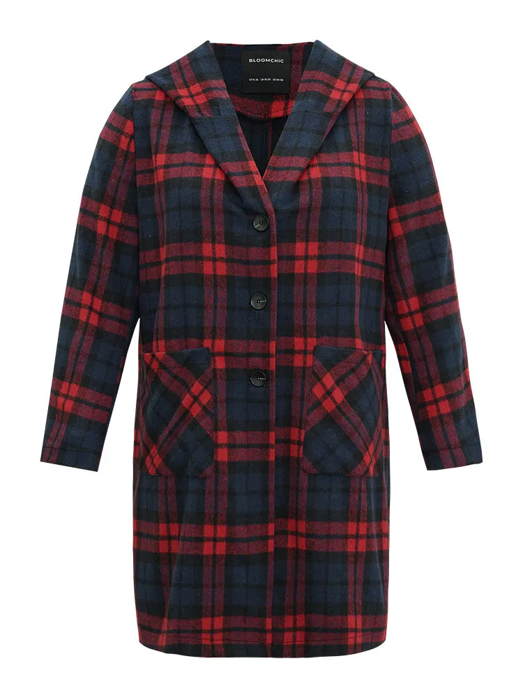 Plaid Button Through Pocket Hooded Coat