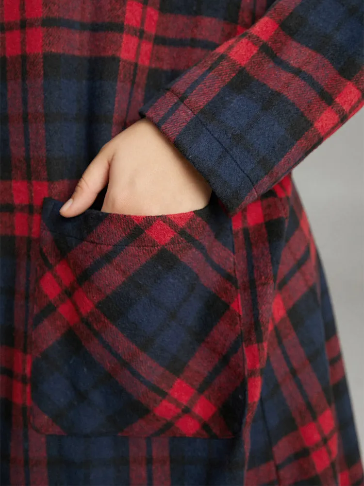 Plaid Button Through Pocket Hooded Coat