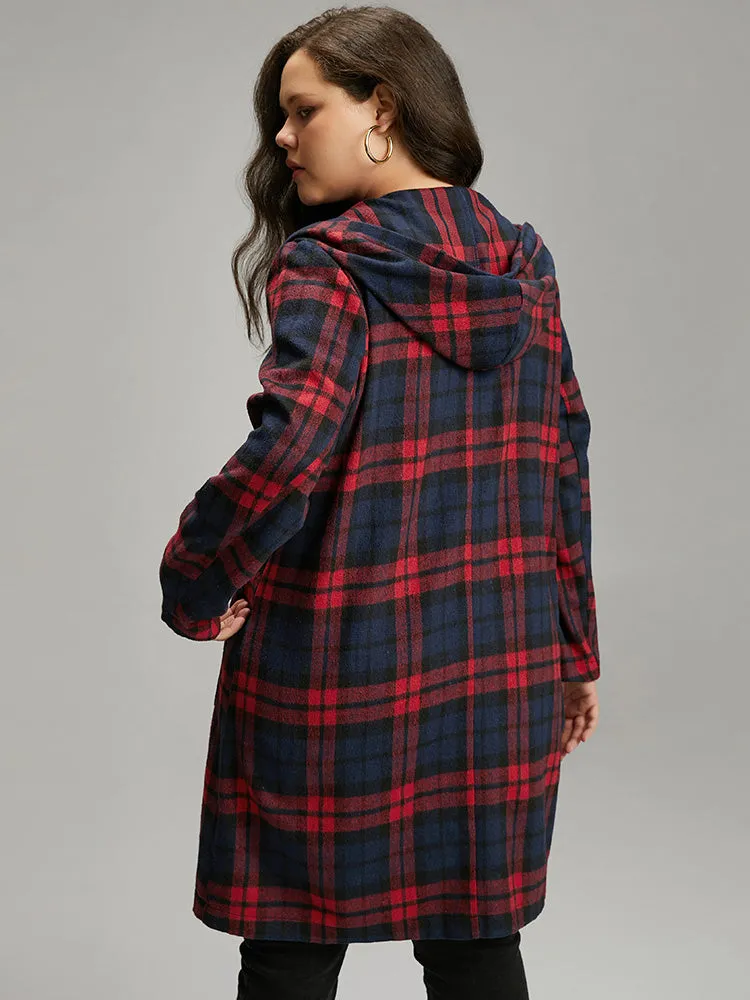 Plaid Button Through Pocket Hooded Coat