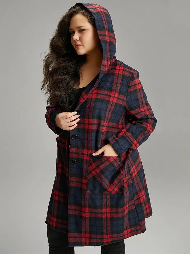 Plaid Button Through Pocket Hooded Coat