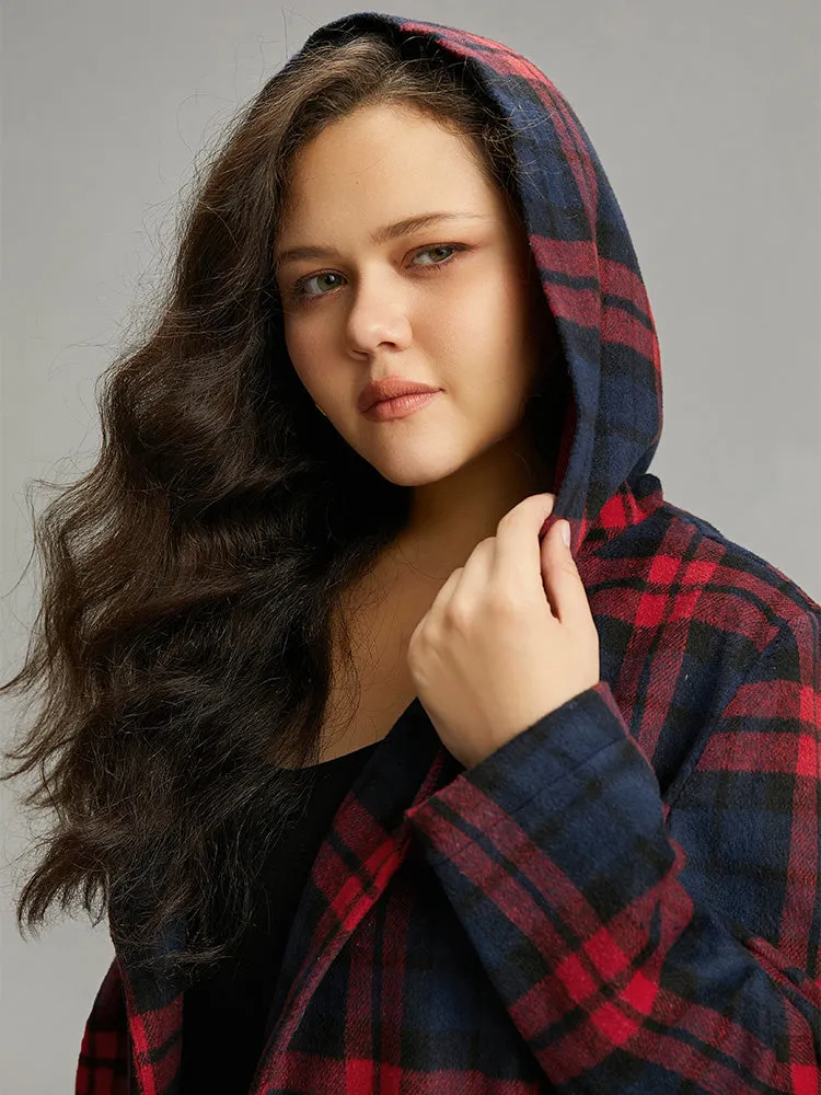 Plaid Button Through Pocket Hooded Coat