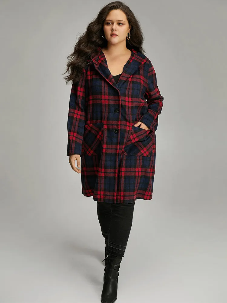 Plaid Button Through Pocket Hooded Coat