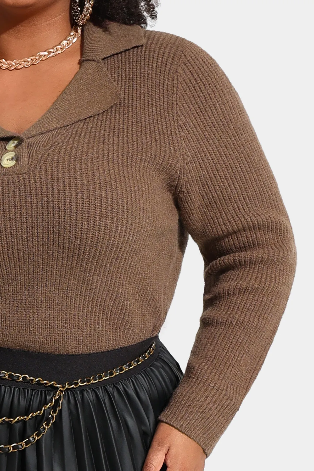 Polo V Neck Button Detail Woolen Sweater