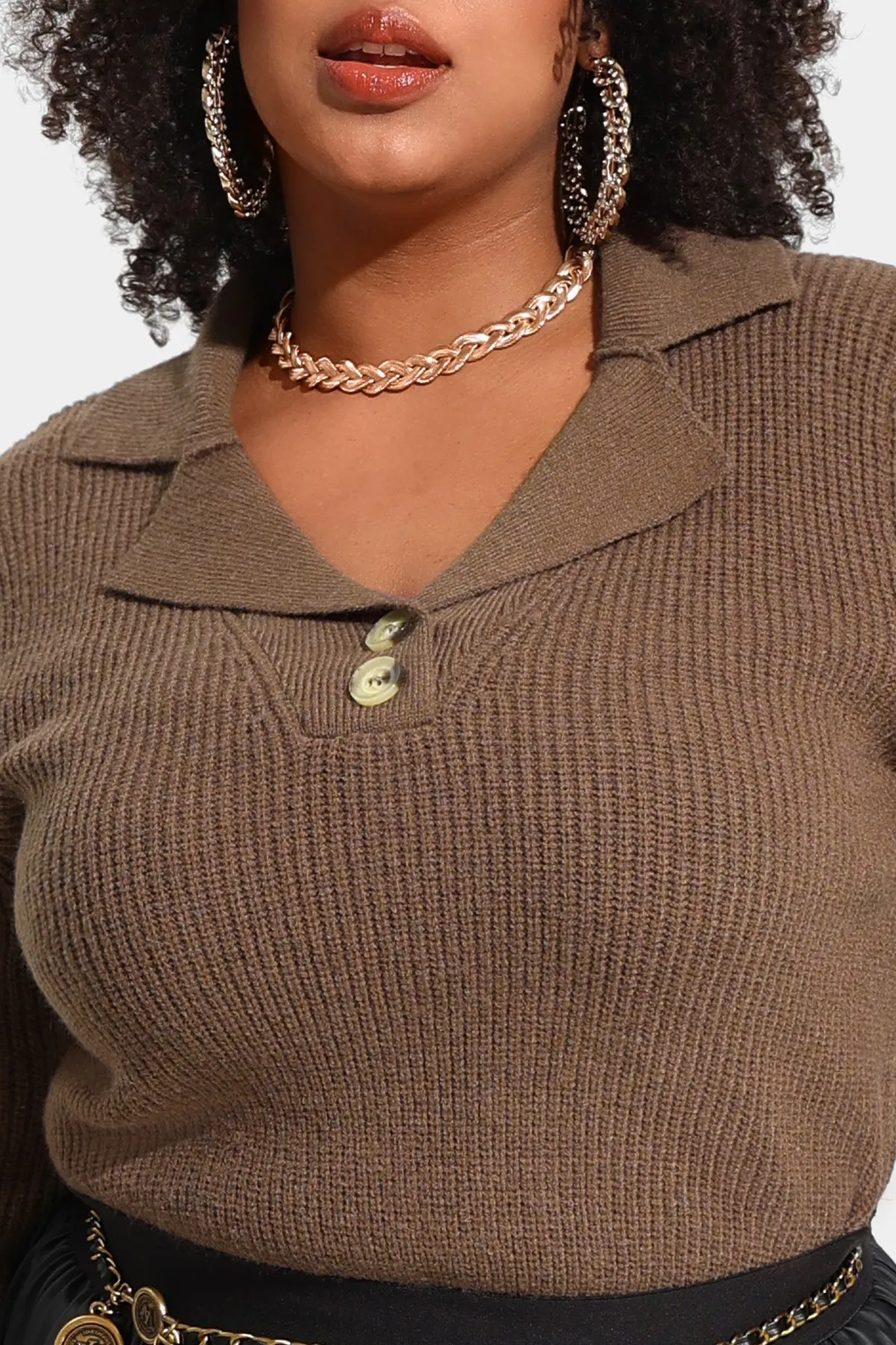 Polo V Neck Button Detail Woolen Sweater