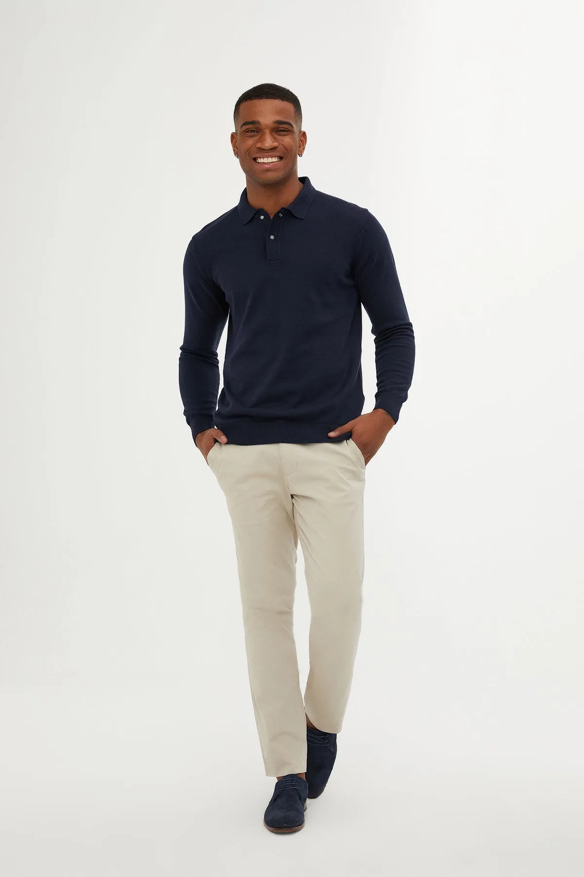 Regular Fit Cotton Blend Navy Polo Sweater