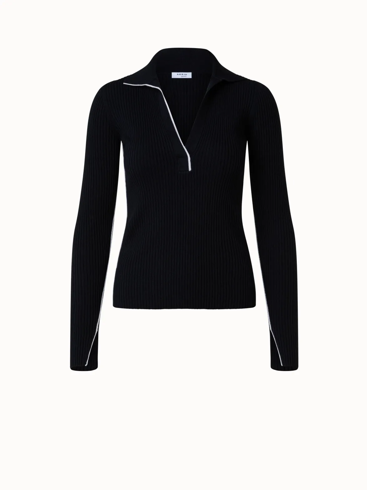 Ribbed Merino Wool Polo Neck Sweater