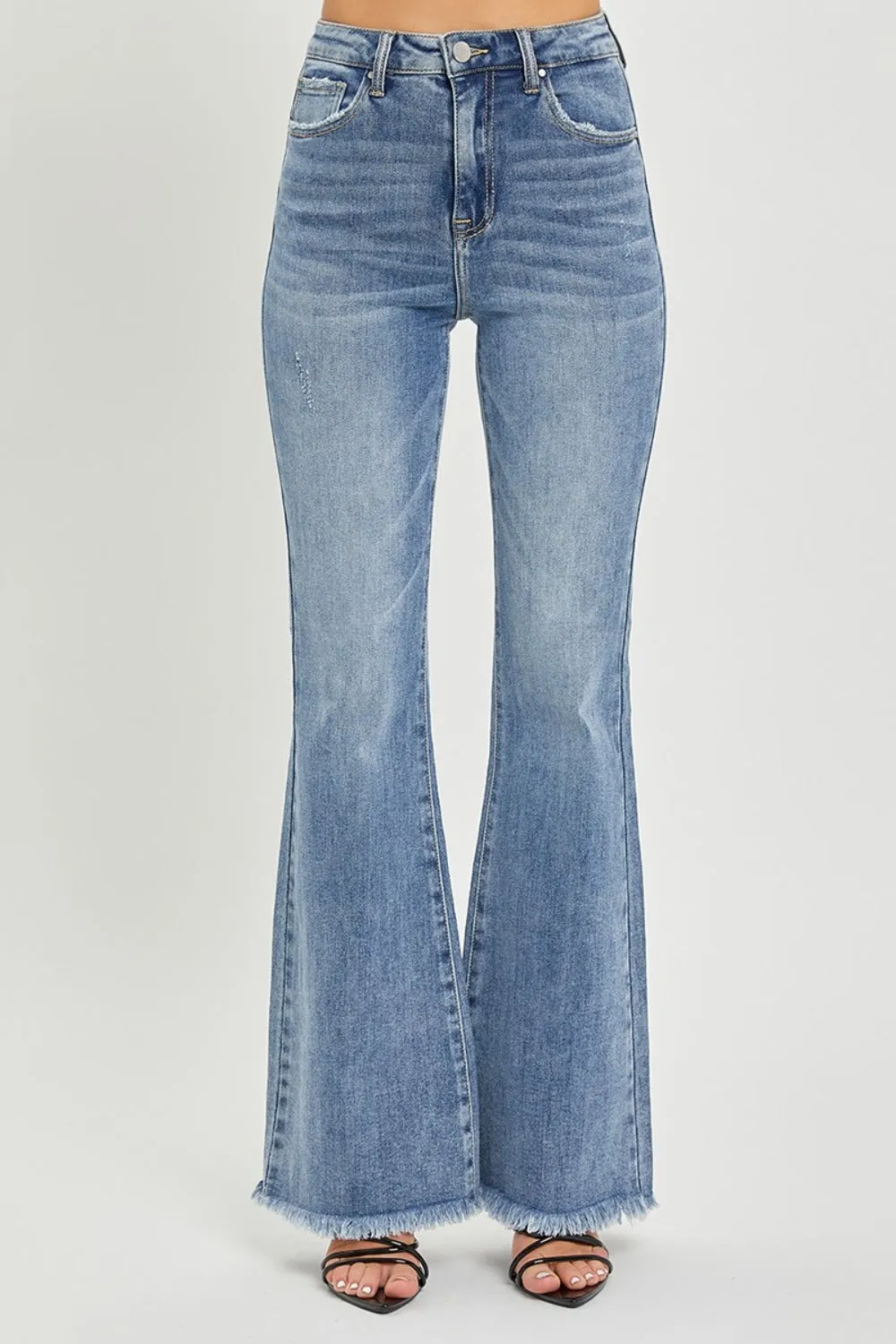 RISEN Full Size High Waist Raw Hem Flare Jeans