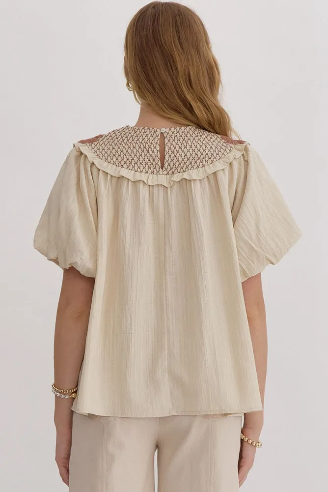 Round Neck Bubble Sleeve Top in Ecru by Entro