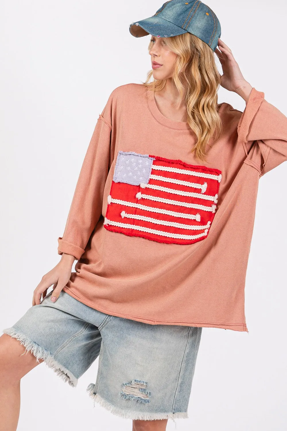 SAGE   FIG Full Size American Flag Patch Drop Shoulder T-Shirt