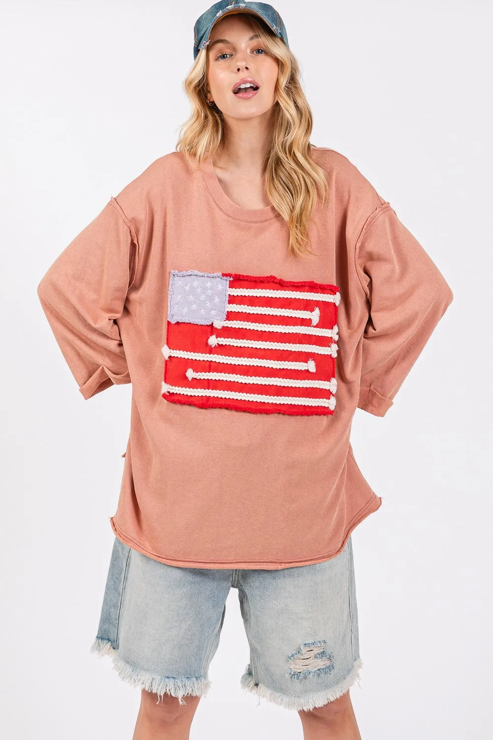 SAGE   FIG Full Size American Flag Patch Drop Shoulder T-Shirt