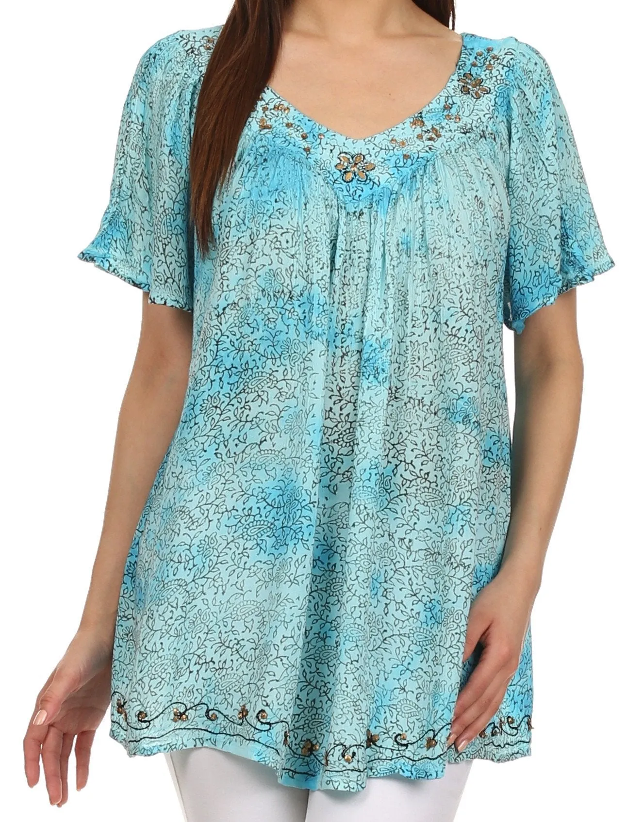 Sakkas Short Sleeve Vine Print V-neck Peasant Top with Beads and Embroidery