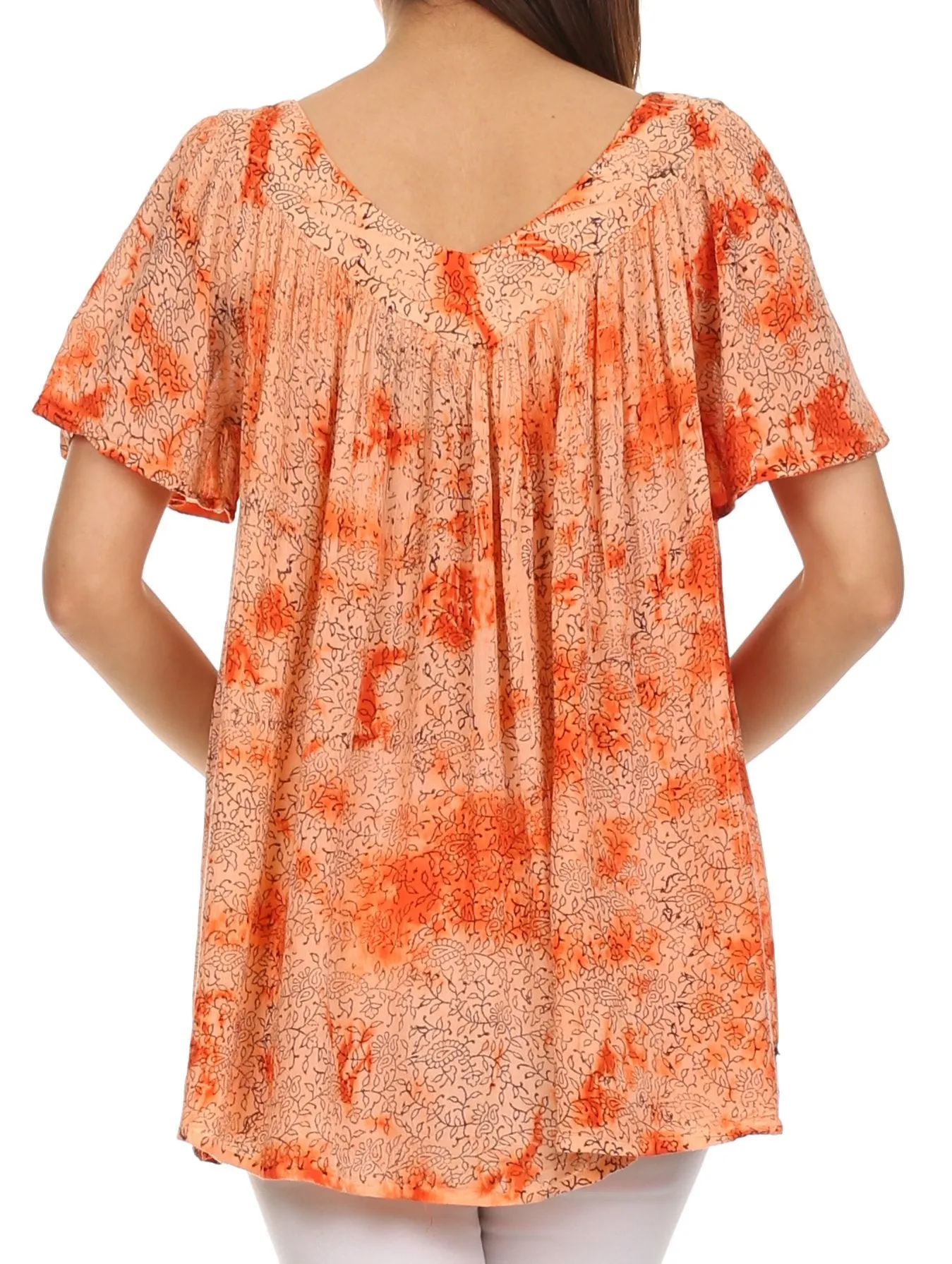 Sakkas Short Sleeve Vine Print V-neck Peasant Top with Beads and Embroidery