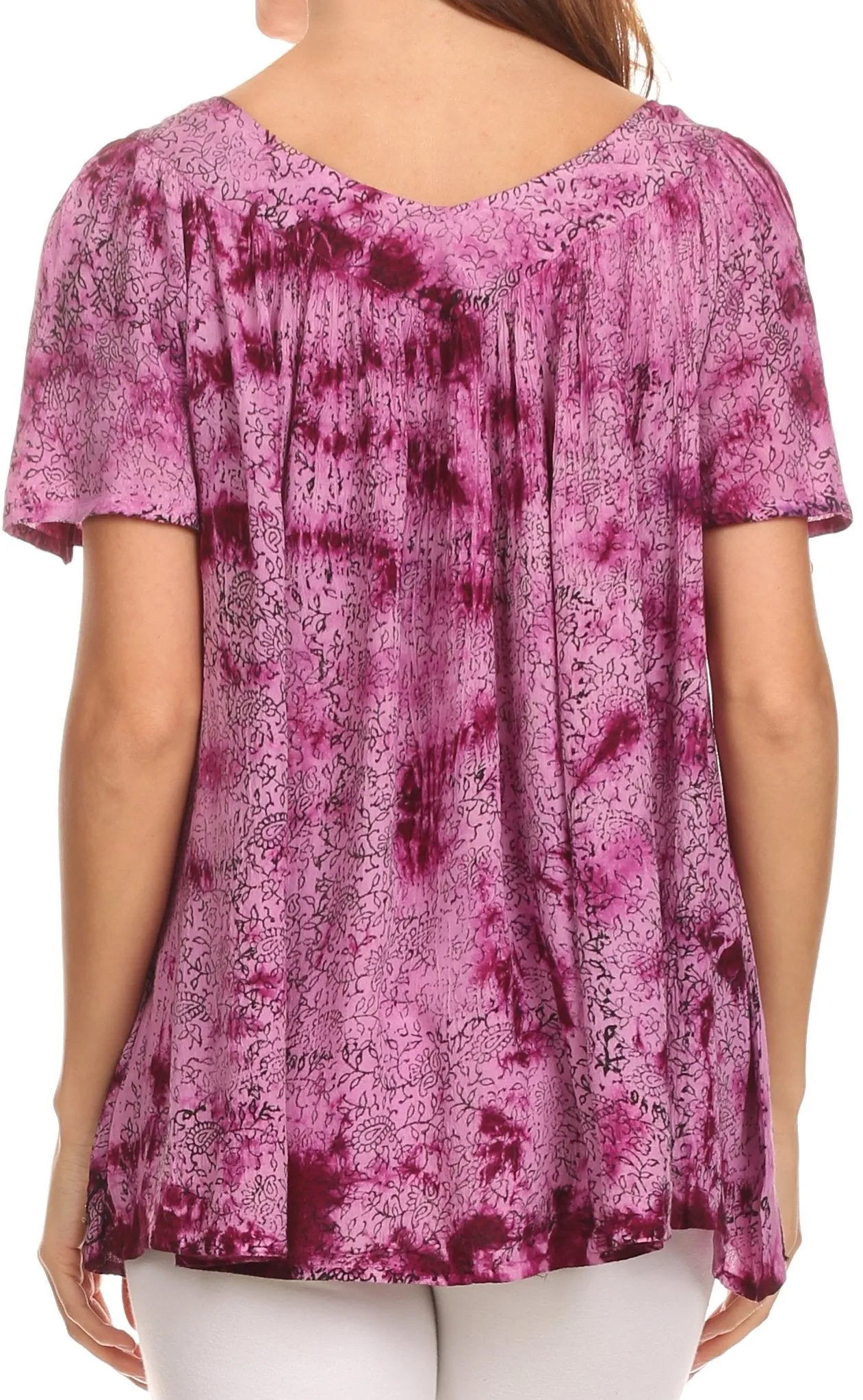 Sakkas Short Sleeve Vine Print V-neck Peasant Top with Beads and Embroidery