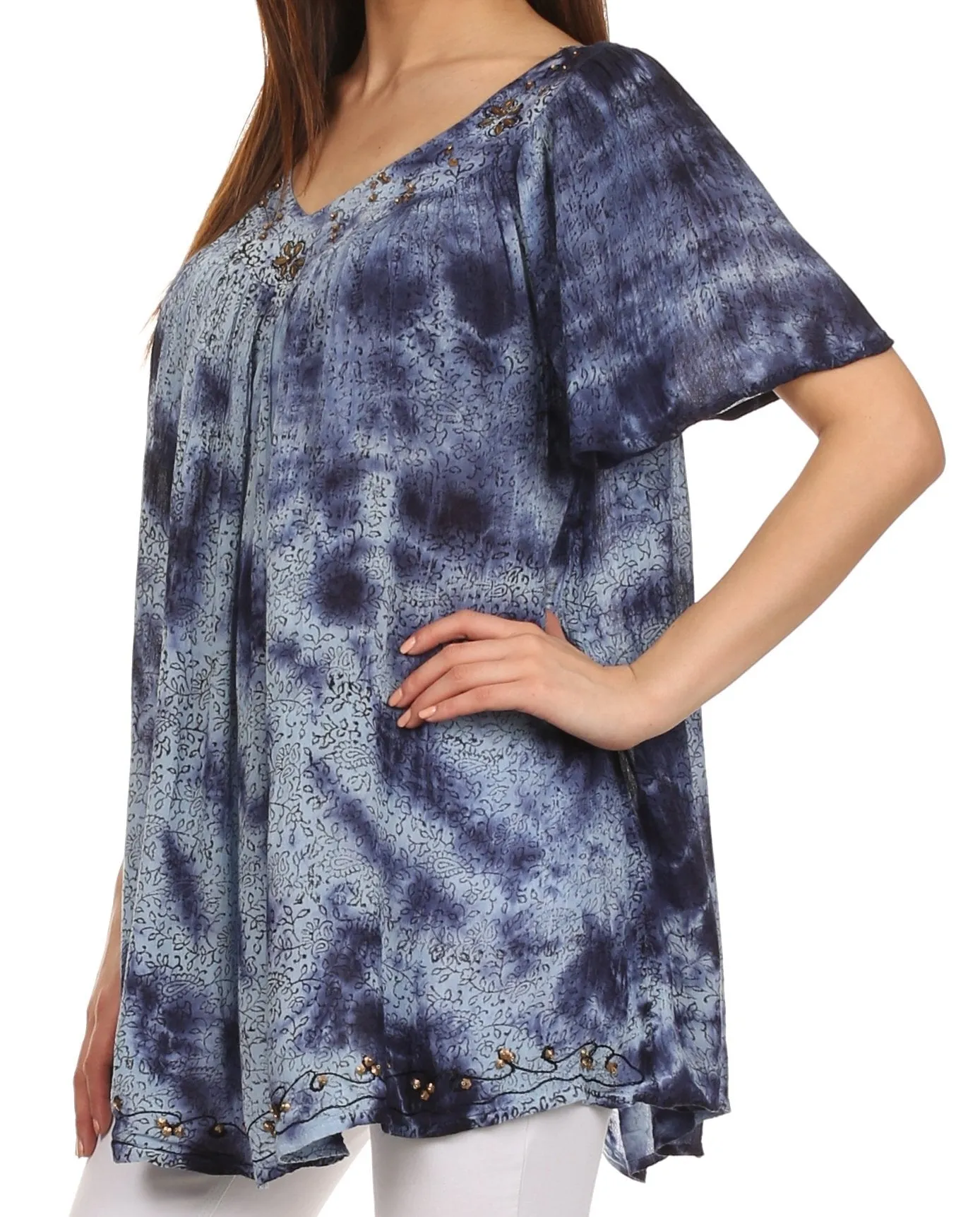 Sakkas Short Sleeve Vine Print V-neck Peasant Top with Beads and Embroidery