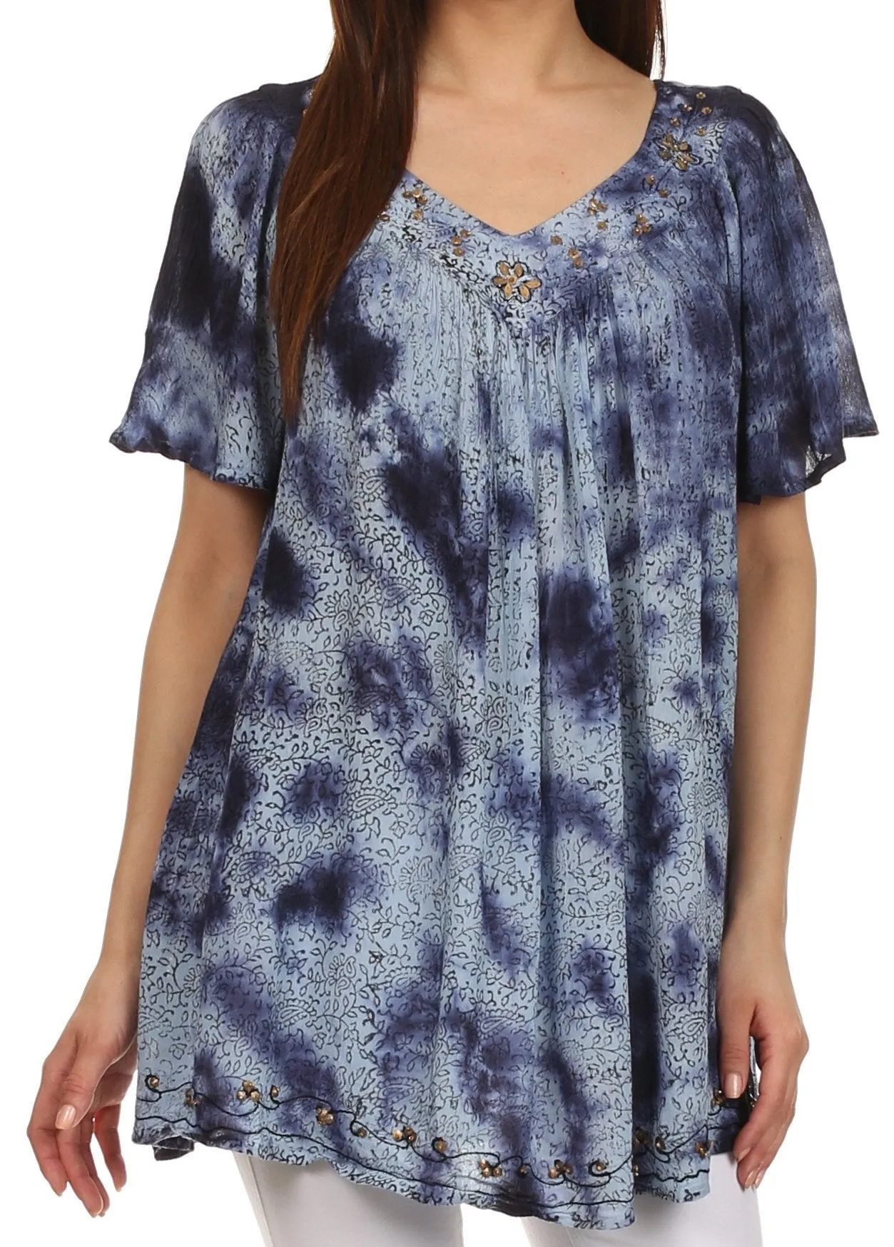 Sakkas Short Sleeve Vine Print V-neck Peasant Top with Beads and Embroidery