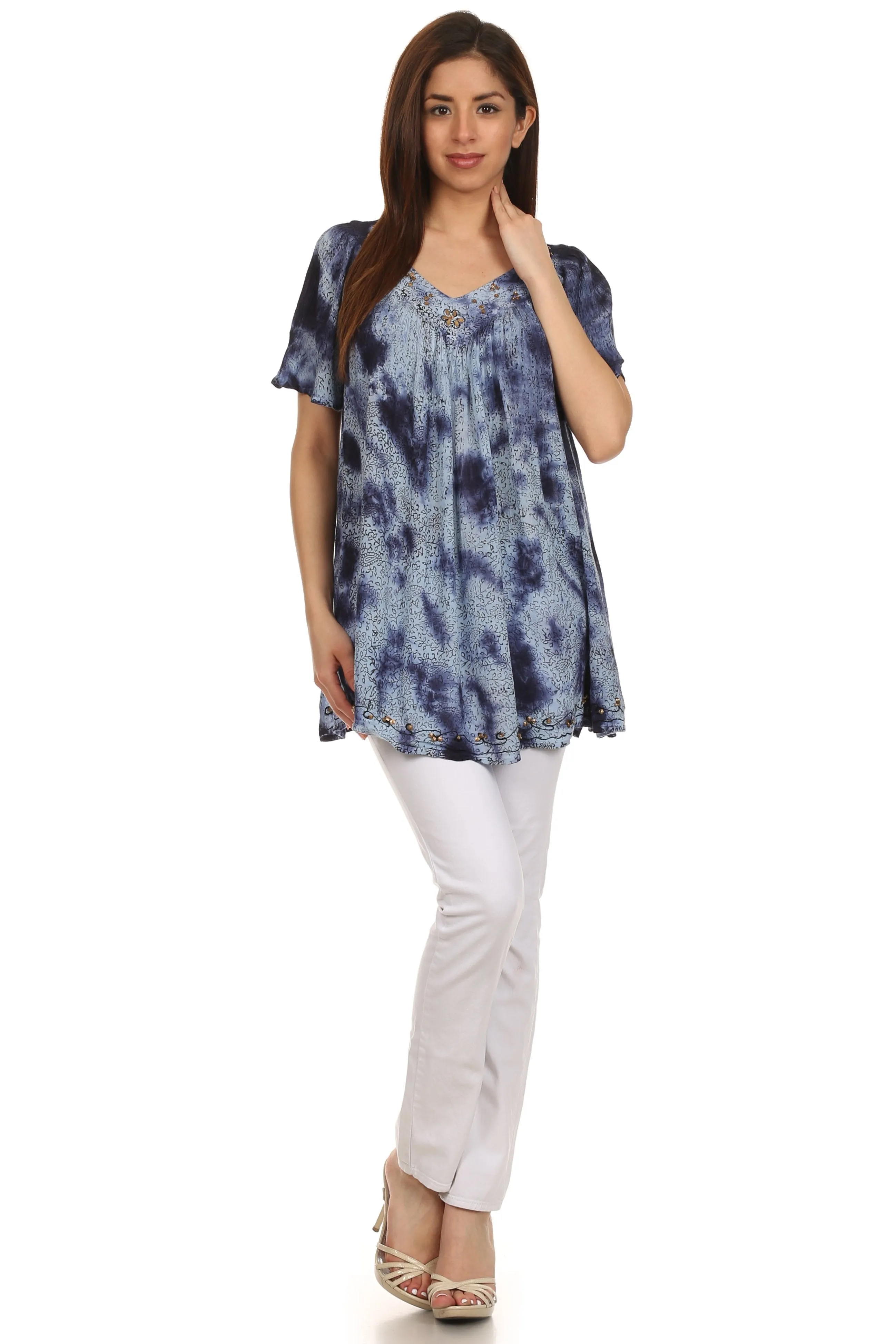 Sakkas Short Sleeve Vine Print V-neck Peasant Top with Beads and Embroidery