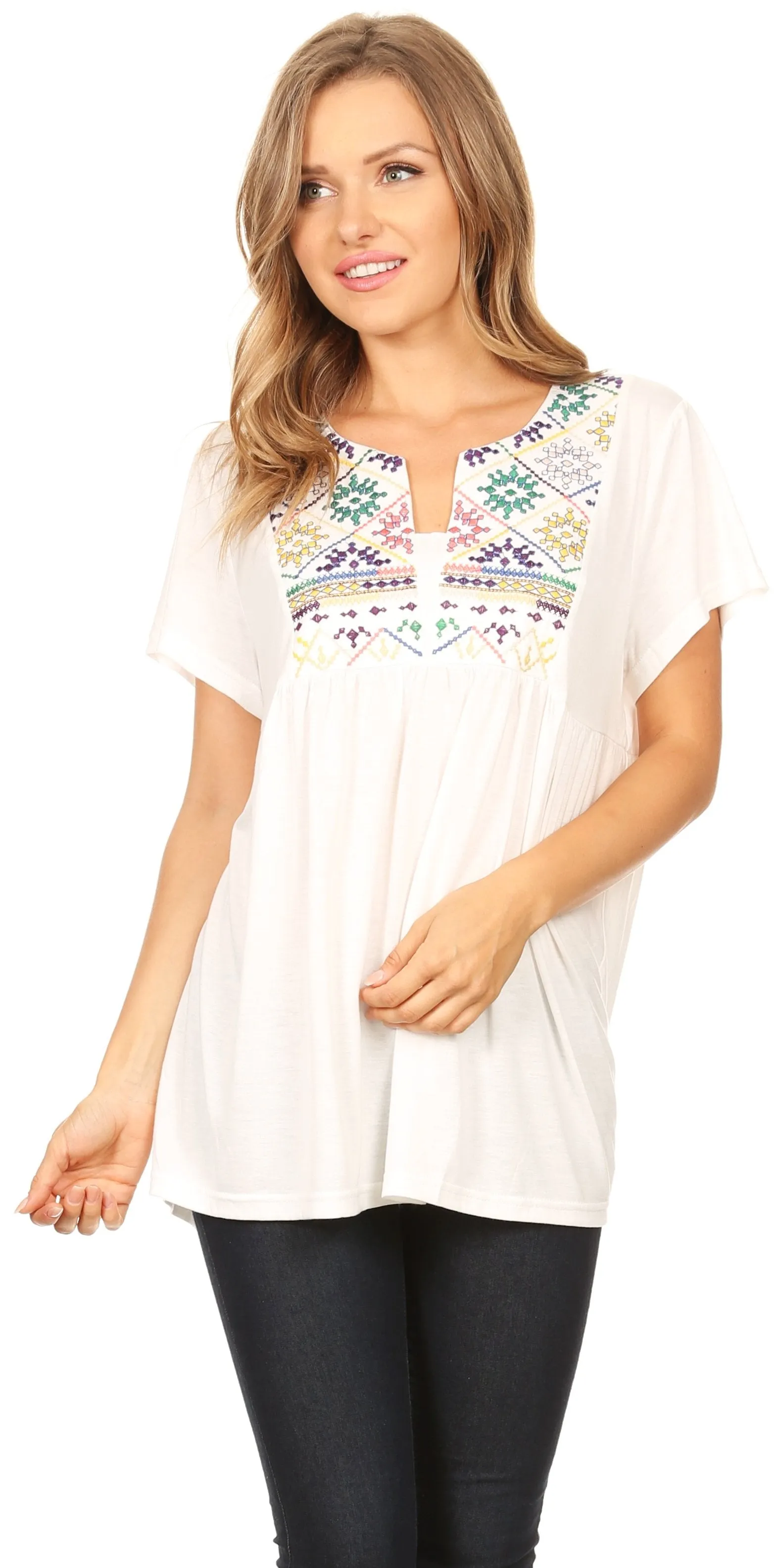 Sakkas Tali Short Sleeve Embroidered Split Neck Blouse