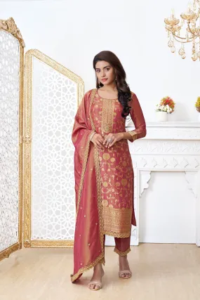 Salmon Red Banarasi Tissue Silk Pants Set